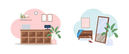 Interior flat color vector illustration set. Apartment furnishing with mirror and drawer. Shop counter. Dressing room isolated cartoon illustration for web graphic design and animation collectionのイラスト素材