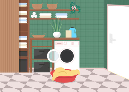 Laundry at home flat color vector illustration. Household room for chores. Automatic washing machine. Clean clothes. Bathroom 2D cartoon interior with luxury furniture on backgroundのイラスト素材