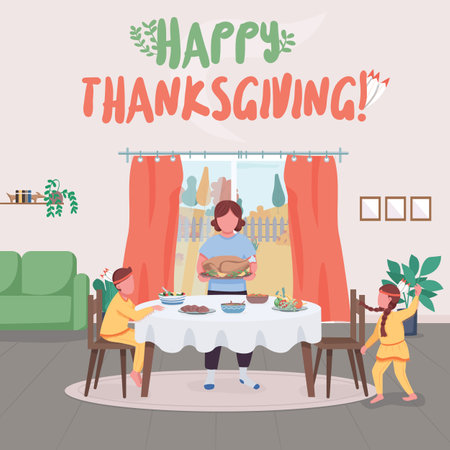 Autumn family holiday social media post mockup. Happy Thanksgiving phrase. Web banner design template. Festive booster, content layout with inscription. Poster, print ads and flat illustrationのイラスト素材