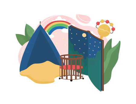 Babysitter flat concept vector illustration. Mother read fairy tale book to baby. Part time job. Mom tell bedtime story. Nanny 2D cartoon character for web design. Babysitting creative ideaのイラスト素材