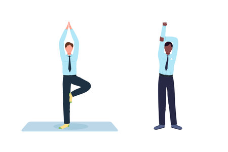 Employee exercising during work break flat color vector faceless character set. Workplace at workstation isolated cartoon illustration for web graphic design and animation collectionのイラスト素材