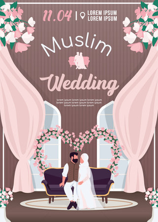Muslim wedding invitation flat vector template. Islamic couple in traditional ceremonial clothes. Brochure, booklet one page concept design with cartoon characters. Marriage ceremony flyer, leafletのイラスト素材