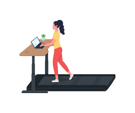 Woman working at treadmill workstation flat color vector faceless character. Manager at laptop. Cardio training at workplace isolated cartoon illustration for web graphic design and animationのイラスト素材