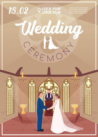 Wedding ceremony invitation flat vector template. Couple in church. Engagement event. Brochure, booklet one page concept design with cartoon characters. Marriage celebration flyer, leafletのイラスト素材