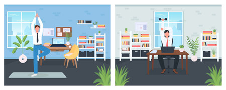 Workout in workplace flat color vector illustration set. Exercise during day job. Sport activity in workspace. Office worker 2D cartoon characters with office interior on background collectionのイラスト素材