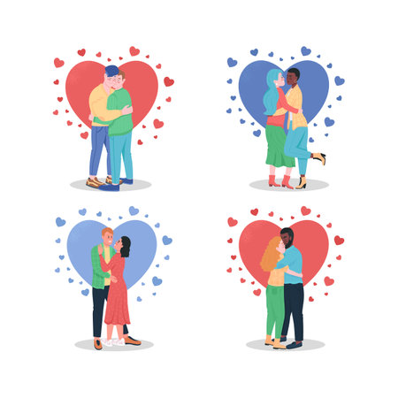 Hugging couples in love flat color vector detailed character set. Gay lovers. Happy boyfriend, girlfriend. Valentine day isolated cartoon illustration for web graphic design and animation collectionのイラスト素材