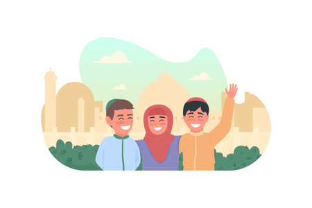 Happy muslim children 2D vector web banner, poster. Ramadan celebration. Arabian kids together flat characters on cartoon background. Indian culture printable patch, colorful web elementのイラスト素材