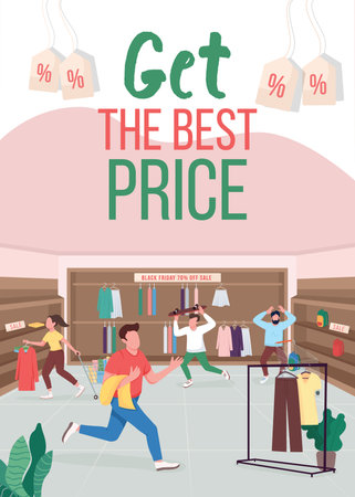 Get the best price poster flat vector template. Black friday. Crazy shopping. Fashion store. Brochure, booklet one page concept design with cartoon characters. End of season sale flyer, leafletのイラスト素材