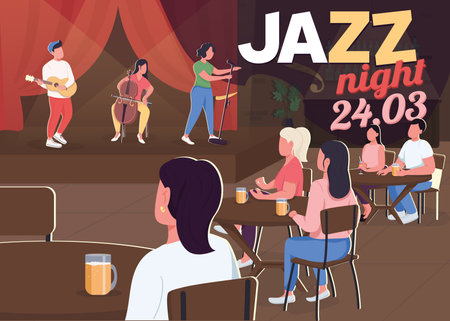 Jazz night poster flat vector template. Modern music festival creation. Unique song listening. Brochure, booklet one page concept design with cartoon characters. Talented musician party flyer, leafletのイラスト素材