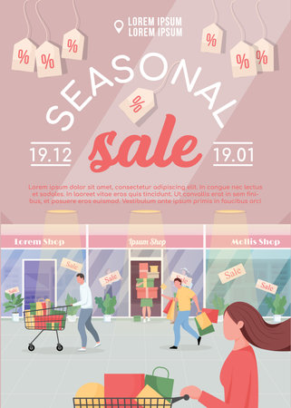 Seasonal sale poster flat vector template. Black friday discount. Summer discount. Fashion stores Brochure, booklet one page concept design with cartoon characters. End of season sale flyer, leafletのイラスト素材