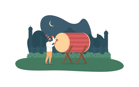 Ramadan kareem celebration 2D vector web banner, poster. Oriental mosque. Ramazan drummer flat characters on cartoon background. Indian culture printable patch, colorful web elementのイラスト素材