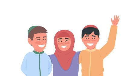Happy arabian children flat color vector faceless characters. Smiling muslim kids. Celebrate with friends. Ramadan celebration isolated cartoon illustration for web graphic design and animationのイラスト素材