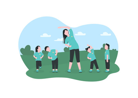 Children exercise with preschool teacher 2D vector web banner, poster. Kindergarten tutor with kids flat characters on cartoon background. Healthy lifestyle printable patch, colorful web elementのイラスト素材