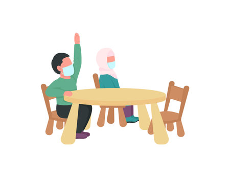 Arabian kindergarten children in medical masks flat color vector faceless characters. Preschool kids sit at table during class isolated cartoon illustration for web graphic design and animationのイラスト素材