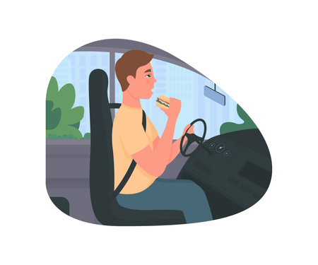 Distracted driving 2D vector web banner, poster. Driver eating at steering wheel flat characters on cartoon background. Road accident risk and danger printable patch, colorful web elementのイラスト素材