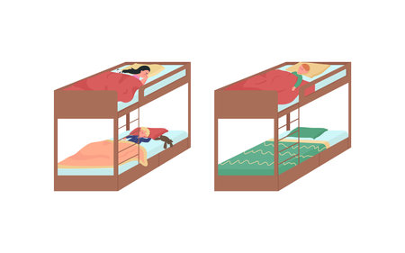 Children sleeping on bunk beds flat color vector faceless character set. Girl and boys naptime. Kids bedroom isolated cartoon illustration for web graphic design and animation collectionのイラスト素材