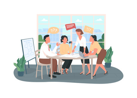 Conflict in office 2D vector web banner, poster. Negativity on workplace. Arguing coworkers flat characters on cartoon background. Bad communication printable patch, colorful web elementのイラスト素材