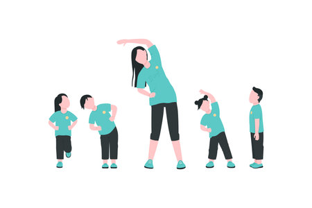 Teacher with children exercising flat color vector faceless characters. Physical activity for kids. Kindergarten sport class isolated cartoon illustration for web graphic design and animationのイラスト素材