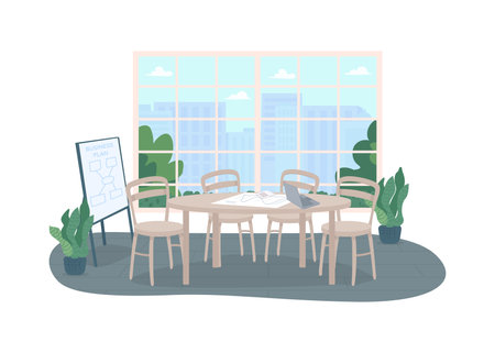 Conference office room 2D vector web banner, poster. Marketing strategy planning. Workplace interior. Meeting room flat scene on cartoon background. Brainstorming printable patch, colorful web elementのイラスト素材