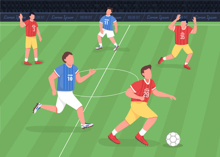 Football match flat color vector illustration. Forward running towards enemy side. Professional soccer team players 2D cartoon characters with huge stadium full of shouting fans on backgroundのイラスト素材