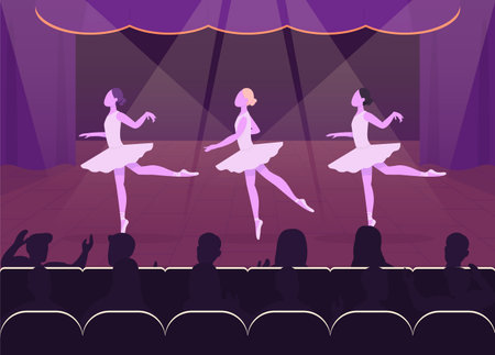 Ballet performance flat color vector illustration. Beautiful evening event. Gorgeous balleries dancing in front of crowd 2D cartoon characters with nice decorated stage on backgroundのイラスト素材