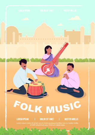 Folk music poster flat vector template. Traditional songs of specific nation. Brochure, booklet one page concept design with cartoon characters. Exotic musical instruments flyer, leafletのイラスト素材
