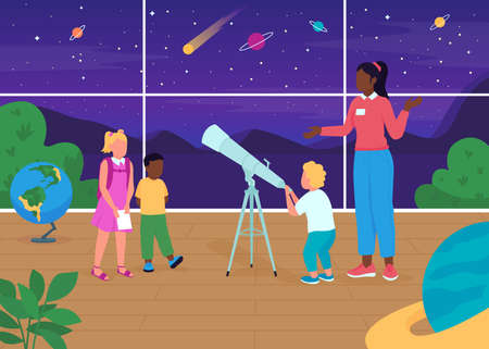 Astronomy lesson flat color vector illustration. Dive into maps and guidebooks. Teacher telling...