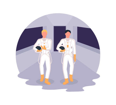 Astronauts heading to spaceship 2D vector web banner, poster. Starting of space exploration mission flat characters on cartoon background. Science processes printable patch, colorful web elementのイラスト素材