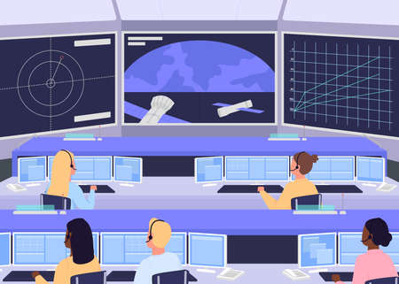 Mission control center flat color vector illustration. Facility that manages space flights from point of launch until landing 2D cartoon characters with big screen and devices on backgroundのイラスト素材