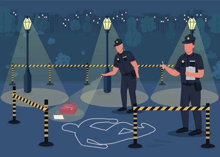 Crime investigation flat color vector illustration. Searching for crime evidence. Police officers investigating place of person death 2D cartoon characters with empty city park on backgroundのイラスト素材