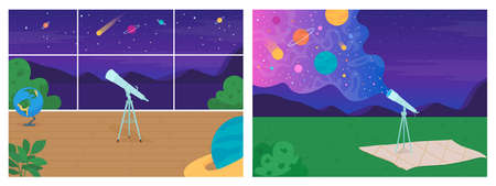 Space exploration with telescope flat color vector illustration set. Place to learn new thing about...