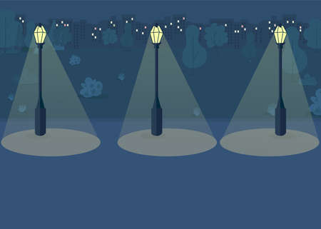 Night park flat color vector illustration. Dark city park with no people walking around. Silent place for making crime for criminal 2D cartoon cityscape with big city uildings on backgroundのイラスト素材