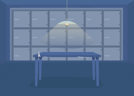 Morgue flat color vector illustration. Place for collecting and storing all dead bodies in refrigerators. Police department facility 2D cartoon interior with storing capsules on backgroundのイラスト素材