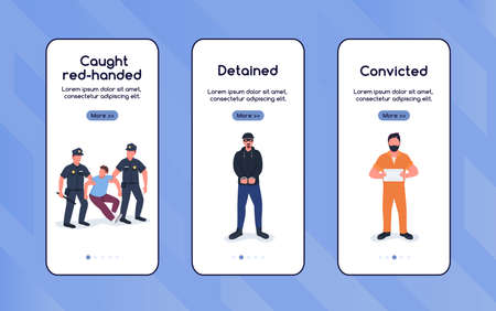 Catch criminals onboarding mobile app screen flat vector template. Fighting with crime. Walkthrough website steps with characters. UX, UI, GUI smartphone cartoon interface, case prints setのイラスト素材