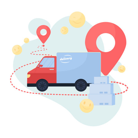 Delivery truck flat concept vector illustration. Big lorry with lots of mail packages 2D cartoon object for web design. Mail facility working during virus quarantine creative ideaのイラスト素材