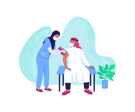 Vaccination process flat concept vector illustration. Injection with syringe. Influenza treatment. Arabian doctor and patient 2D cartoon characters for web design.のイラスト素材