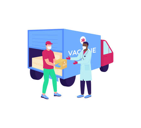 Vaccine courier with doctor flat color vector faceless characters. Medication shipment. Pharmacy delivery. Drug distribution isolated cartoon illustration for web graphic design and animationのイラスト素材