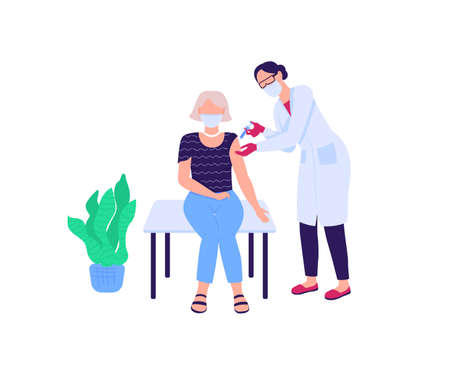 Doctor vaccinating woman flat color vector faceless characters. Drug injection. Therapist with patient. Vaccination isolated cartoon illustration for web graphic design and animationのイラスト素材