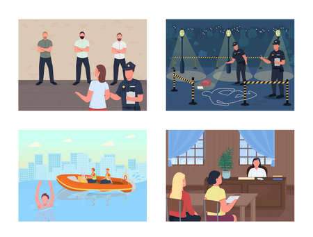 Justice workers departments flat color vector illustration set. Helping people to stay safe. Police officers investigating crime 2D cartoon characters with big city buildings on backgroundのイラスト素材
