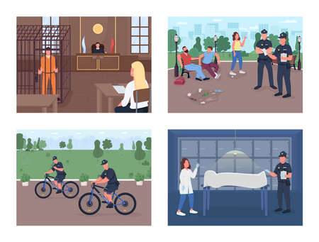 Justice workers departments flat color vector illustration set. Keeping people from dangerous criminals. Police officers investigating crime 2D cartoon characters with big city buildings on backgroundのイラスト素材