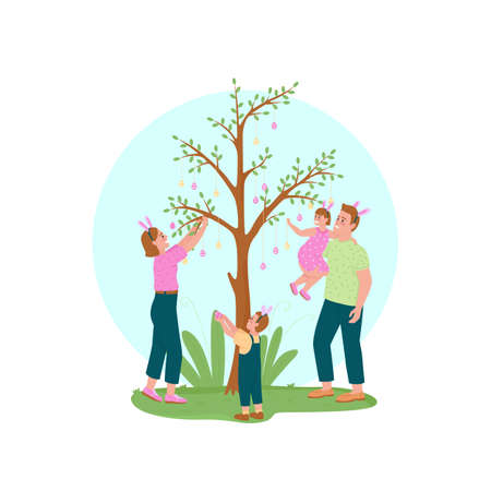Hanging easter eggs on tree 2D vector web banner, poster. Happy parents with children flat characters on cartoon background. Spring holiday tradition printable patch, colorful web elementのイラスト素材