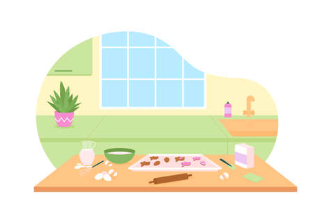 Kitchen for baking easter cookies 2D vector web banner, poster. Cooking utensils. Home interior flat scene on cartoon background. Spring holiday preparation printable patch, colorful web elementのイラスト素材