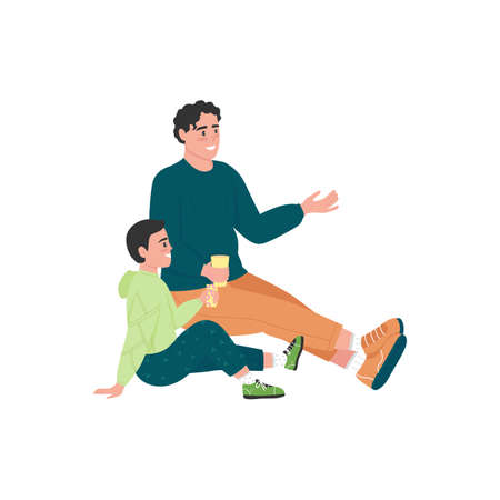 Family on picnic flat color vector detailed character. Father and son bonding. Friendly talk. Outdoor spring recreation isolated cartoon illustration for web graphic design and animationのイラスト素材