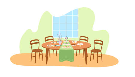 Easter dinner table setting 2D vector web banner, poster. Home dining room flat scene on cartoon background. Family feast. Christian holiday celebration printable patch, colorful web elementのイラスト素材