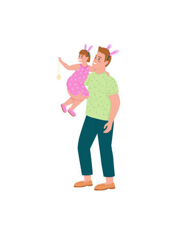Happy father and daughter celebrating easter flat color vector detailed characters. Dad, child in bunny ears. Spring holiday isolated cartoon illustration for web graphic design and animationのイラスト素材