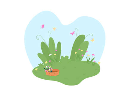 Spring garden 2D vector web banner, poster. Basket with flowers. Springtime flat scenery on cartoon background. Park with flowers and butterflies printable patch, colorful web elementのイラスト素材