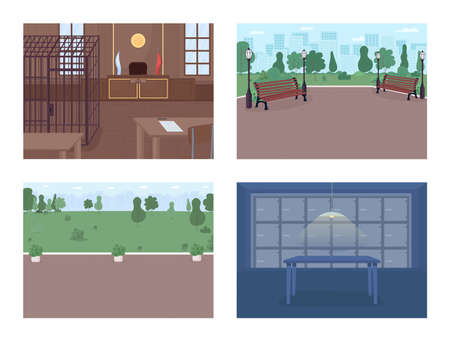 Police department facilities flat color vector illustration set. Finding evidences and catching criminals. Justice and law representation 2D cartoon interior with beautiful furniture on backgroundのイラスト素材