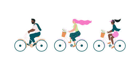 Happy bicyclist flat color vector detailed character set. African american man, woman. White girl cycling. Spring activity isolated cartoon illustration for web graphic design and animation collectionのイラスト素材