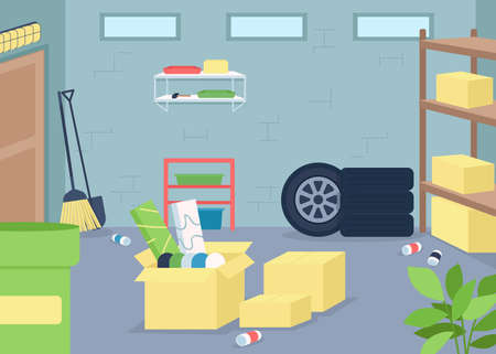 Garage junk flat color vector illustration. Spring cleaning and decluttering. Organize mess in home. Housekeeping work. Cluttered house 2D cartoon interior with furniture on backgroundのイラスト素材