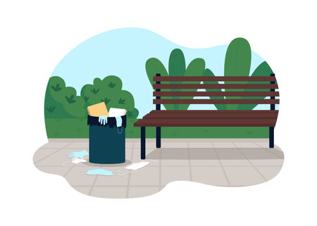 Park pollution 2D vector web banner, poster. Plastic masks trash. Dirty environment after covid quarantine flat objects on cartoon background. Pandemic printable patch, colorful web elementのイラスト素材